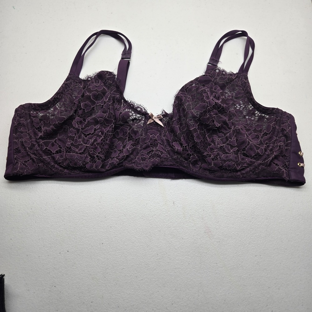 Cacique Women Bra 46DD Purple Floral Balconette Underwired Lace Bow Strap